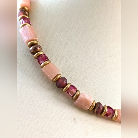 Natural Genuine Pink Opal & Pink Glass in GP Necklace w/ Powder Pink Crystal - Picture 5 of 10